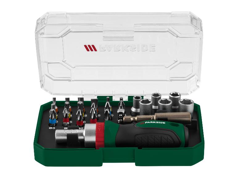 Coffret à outils Parkside : tournevis, douilles et embouts divers.