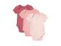 Trois bodys bébé rose pâle, rose et bordeaux.