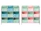 Deux unités de rangement de jouets avec des bacs en tissu colorés, l'une bleu/vert, l'autre rose/vert.
