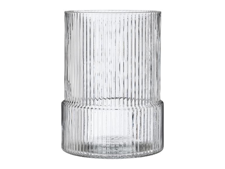 Vase en verre nervuré transparent de forme cylindrique avec une base légèrement plus étroite