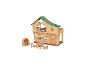 Cabane en bois avec toit vert, barbecue, table et chaises.