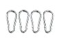 Quatre mousquetons métalliques alignés sur fond blanc.