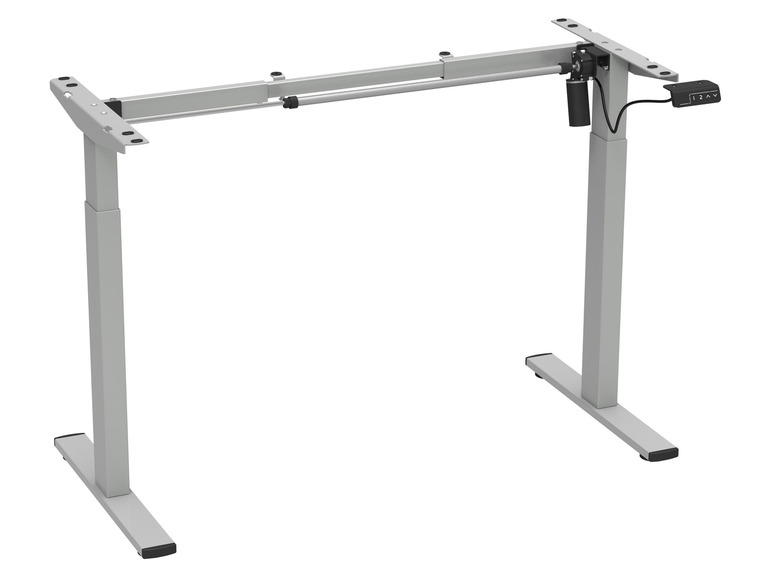 Un cadre de bureau électrique ajustable en hauteur, de couleur argentée, avec un panneau de commande noir.