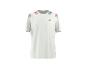 T-shirt de sport blanc avec des rayures bleues et rouges sur les épaules.