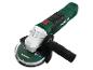 Meuleuse d'angle Parkside verte et blanche avec poignée noire et disque de coupe.