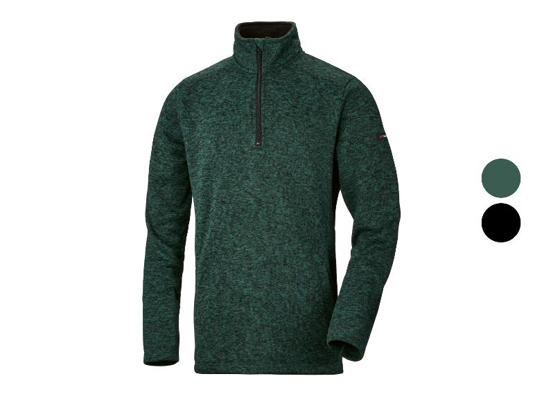 Veste polaire verte pour homme avec fermeture éclair et col noir.