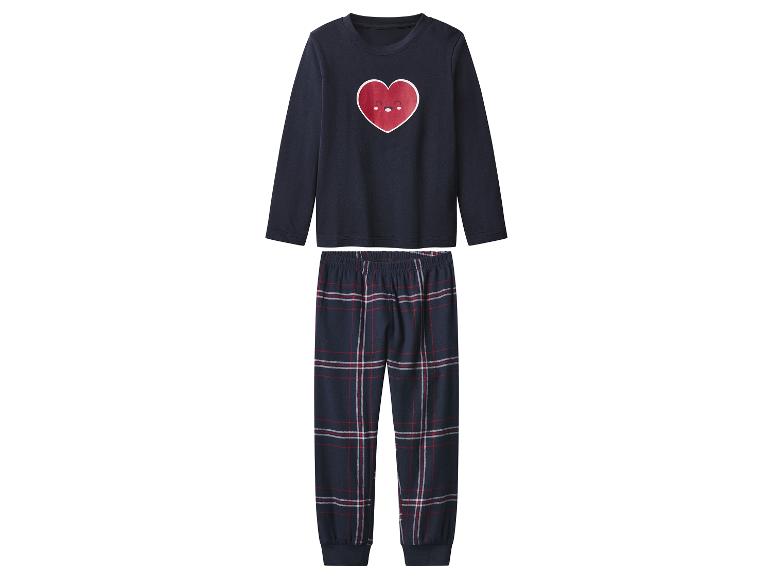 Pyjama enfant avec haut bleu marine à cœur et pantalon à carreaux.