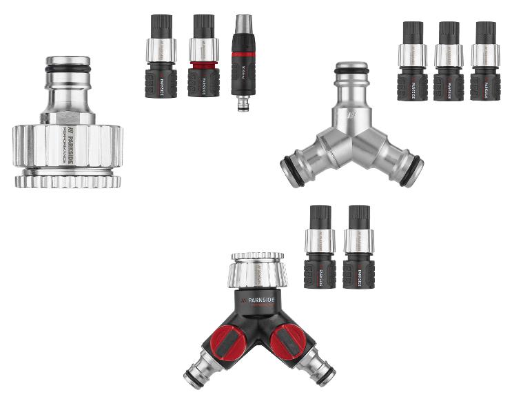 Accessoires d'arrosage Parkside Performance en métal et plastique, incluant des raccords et un distributeur.