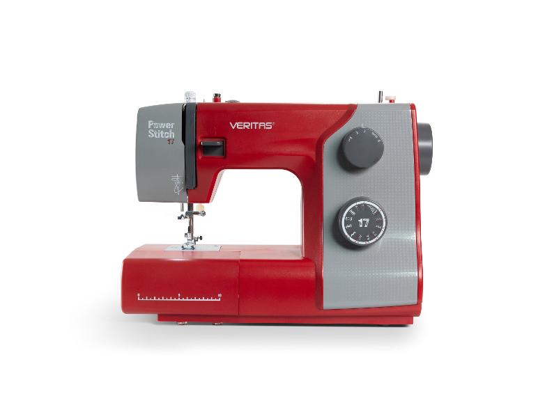Machine à coudre rouge et grise avec les numéros 17 et 0-10 visibles.