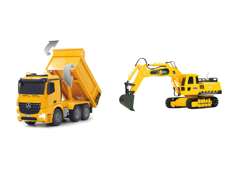 Un camion jaune et une pelle rétro jaune à chenilles.