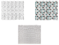 Trois échantillons de tissu avec différents motifs : lignes sinueuses, pois et un motif de maille.