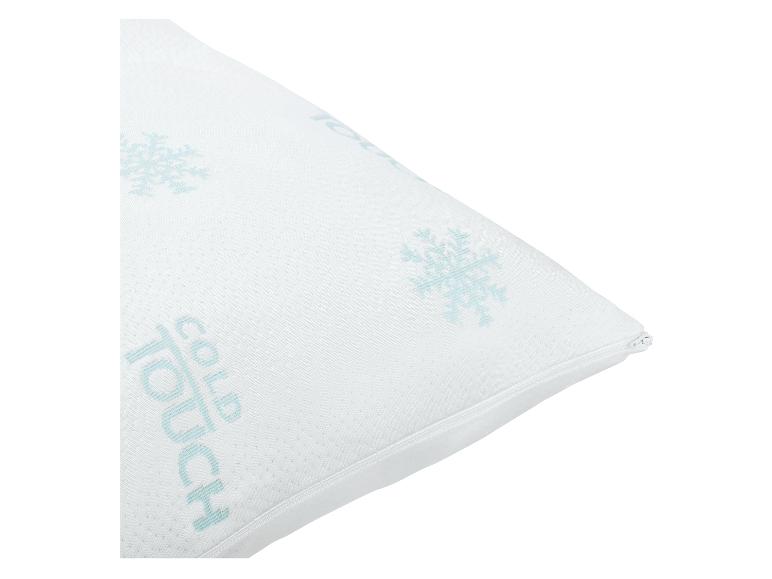 Oreiller rafraîchissant blanc avec texte 'COLD TOUCH' et motif flocon de neige