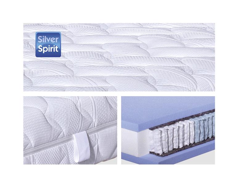 Matelas avec le texte 'Silver Spirit', un détail de la fermeture éclair et une coupe transversale.