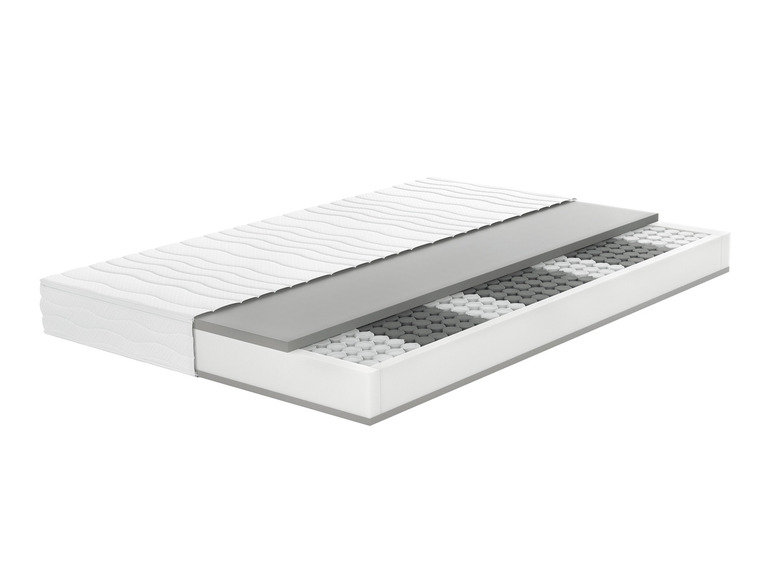 Une coupe transversale d'un matelas avec une couche de mousse et un système de ressorts ensachés.
