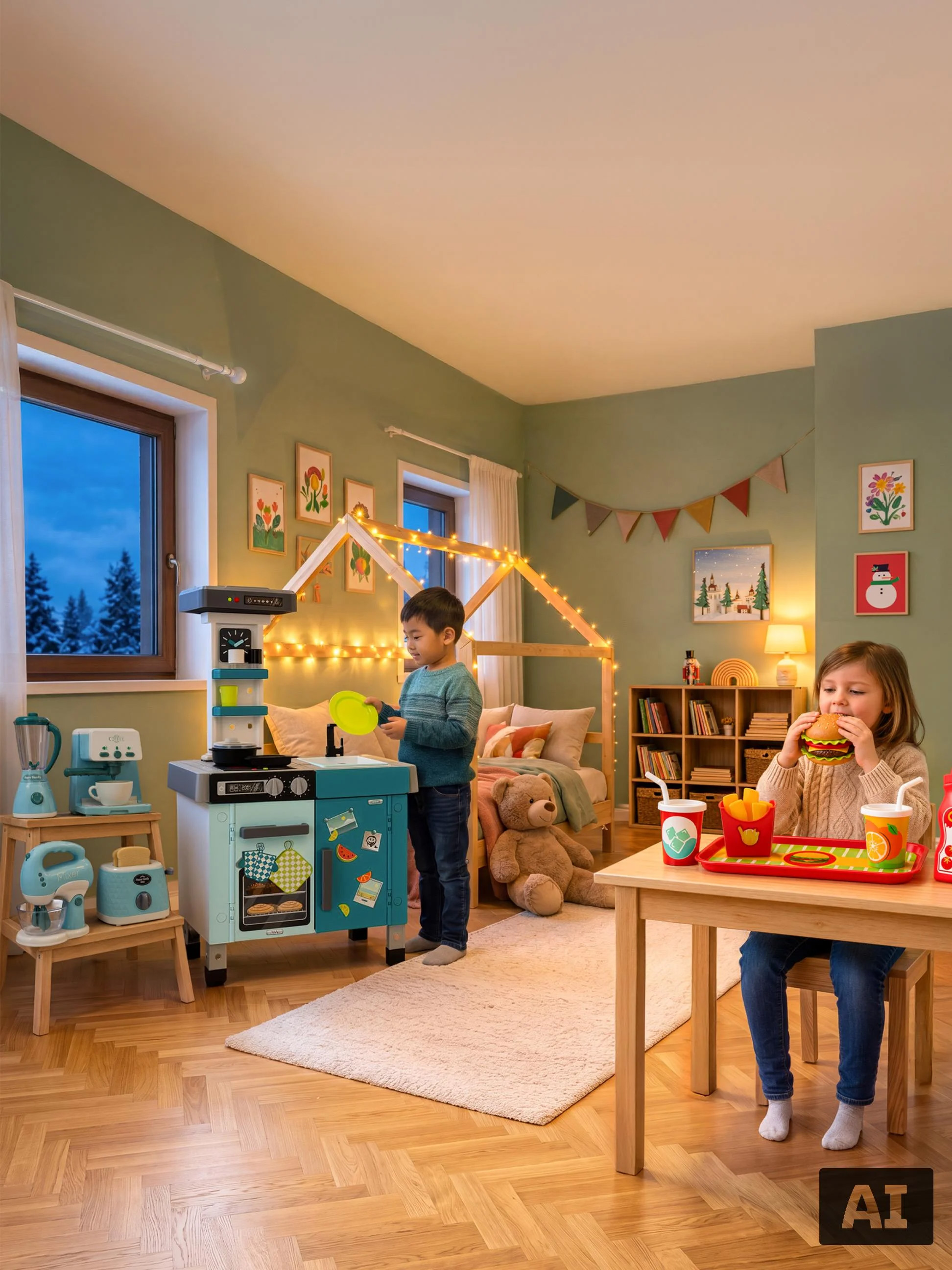 Des enfants jouent avec une cuisine en bois et des jouets d'imitation d'aliments dans une chambre.