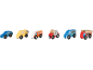 Véhicules jouets en bois : voiture de police, dépanneuse, ambulance, camion de pompiers avec tuyau et camion de pompiers avec échelle.