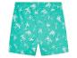 Shorts turquoise à motif plage : palmiers, surfs et cabanes.