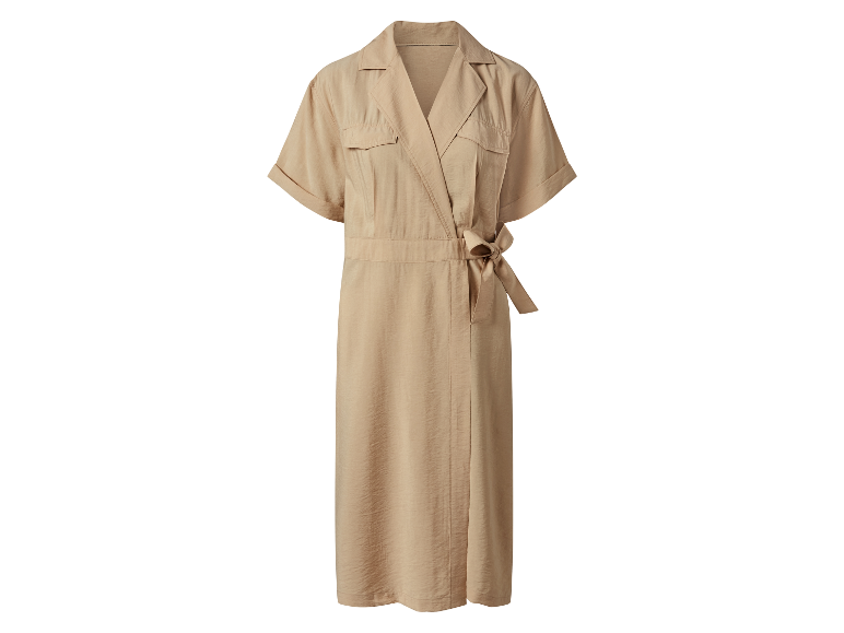 Robe beige portefeuille à manches courtes.