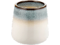 Tasse en céramique avec un dégradé de couleurs allant du blanc au bleu-gris et un bord marron.