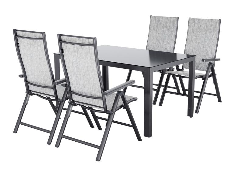 Ensemble de mobilier de jardin: table noire et quatre chaises pliantes avec assise et dossier gris.