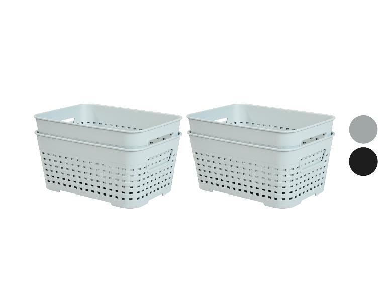 Deux ensembles de paniers de rangement en plastique gris clair et gris foncé.