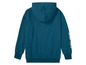 Un sweat à capuche bleu avec du texte blanc sur la manche.