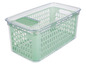 Une boîte de rangement en plastique verte avec un couvercle transparent.