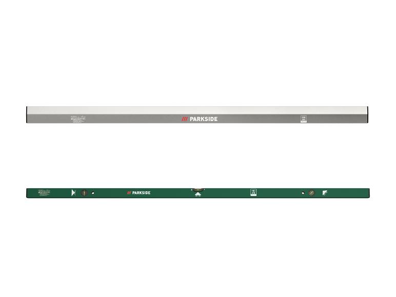 Deux niveaux à bulle, un argenté et un vert, d'une longueur de 180 cm.