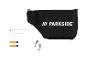 Un sac noir Parkside avec des accessoires, comprenant deux balais de charbon, deux batteries et deux tournevis.