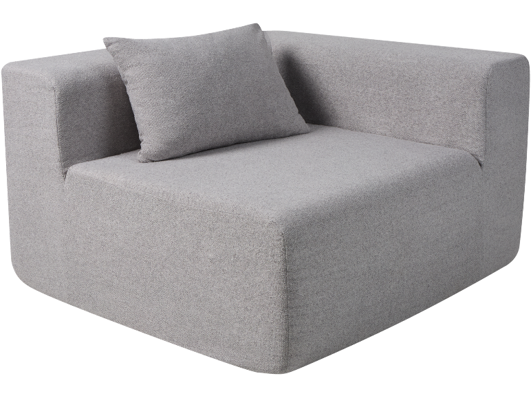 Canapé d'angle modulaire gris clair avec coussin assorti.