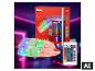 Bande LED RGB de 20m avec télécommande, emballage rouge et lumières colorées.
