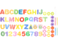 Alphabet coloré, chiffres et symboles mathématiques pour enfants sur fond noir.