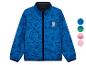 Veste bleue pour enfant avec un motif de briques de construction et des options de couleur.