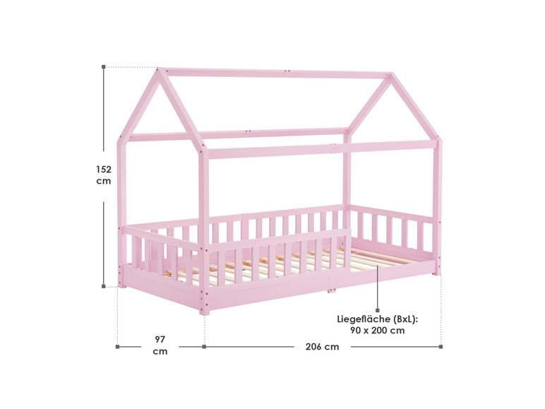 Un lit en bois rose avec une tête de lit en forme de maison.