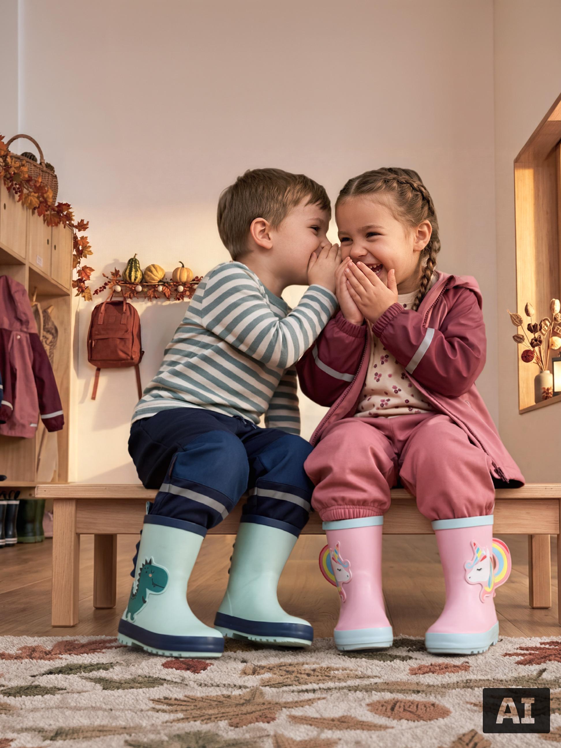 Deux enfants rient et chuchotent, vêtus de vêtements de pluie et de bottes en caoutchouc colorées.
