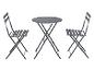 Ensemble de bistrot gris composé d'une table ronde et de deux chaises pliantes.