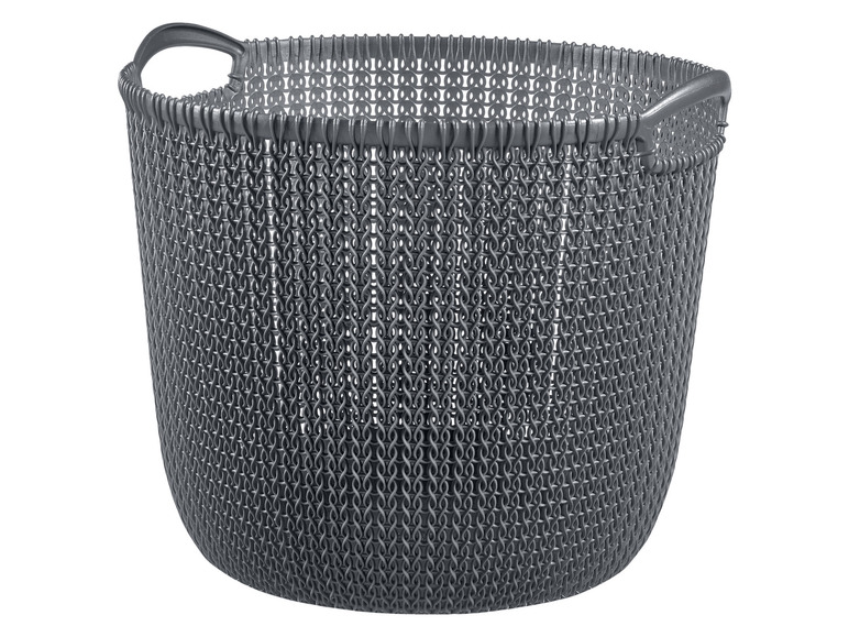 Un panier de rangement rond gris avec deux poignées.