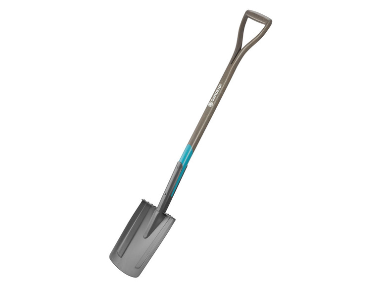 Une pelle Gardena grise avec une poignée bleue.