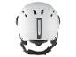 Un casque de ski blanc avec des sangles noires et un réglage.