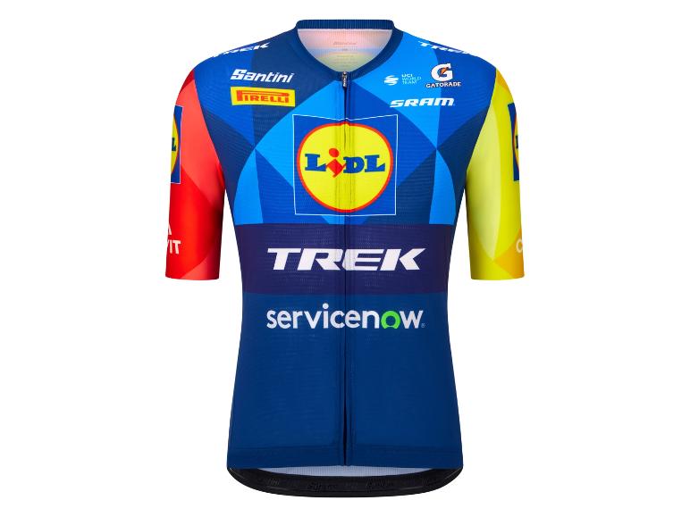 Maillot de cyclisme bleu, rouge et jaune avec un logo de supermarché et le mot « TREK ».
