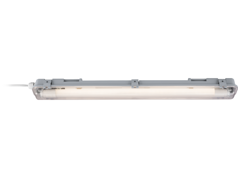 Luminaire allongé, gris, étanche avec ampoule lumineuse.