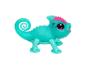 Un caméléon en plastique turquoise avec de grands yeux.