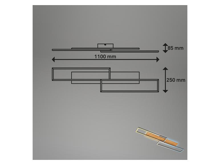 Croquis dimensionnel d'une lampe de plafond moderne avec éléments en bois et métal.