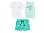 Ensemble été enfant : t-shirt, débardeur surf et short imprimé palmiers.