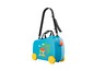 Une valise bleue avec des roues, une bandoulière et un motif Peppa Pig.