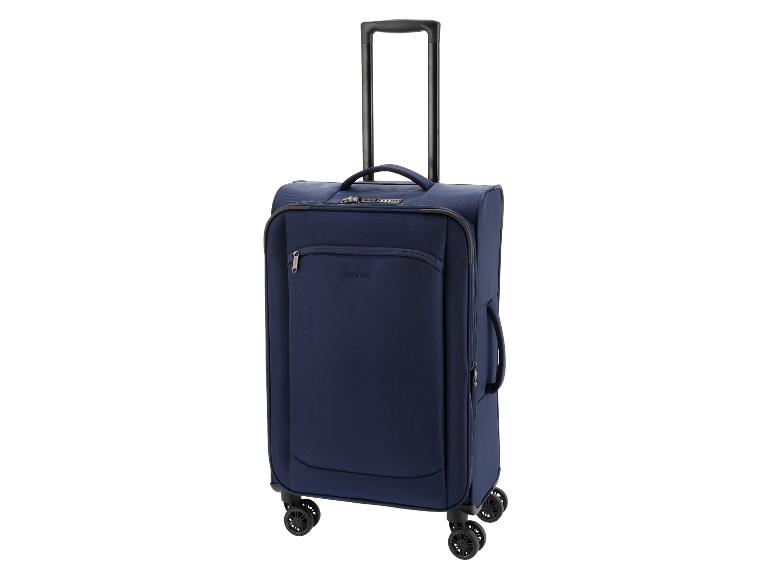Valise de voyage bleue avec quatre roues et poignée extensible