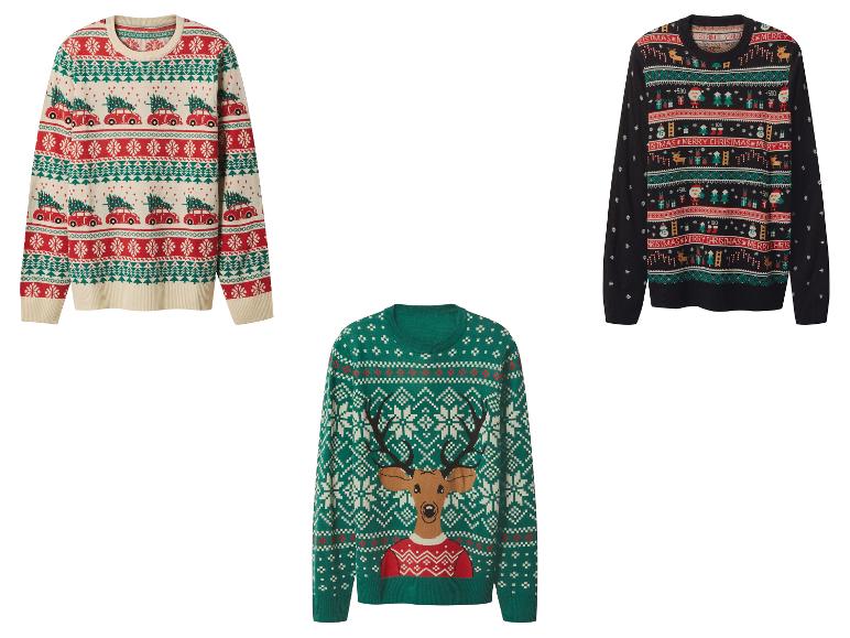 Trois pulls de Noël festifs : un avec des voitures rouges, un avec un renne et un avec divers motifs de vacances.