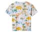 T-shirt blanc avec motif coloré de dinosaures et palmiers.