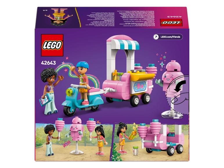 Ensemble LEGO Friends avec un chariot à bonbons rose, un scooter et des figurines.