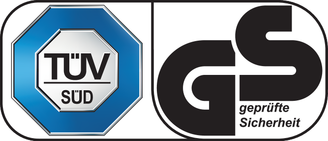 Logos de certification TÜV SÜD et GS geprüfte Sicherheit.